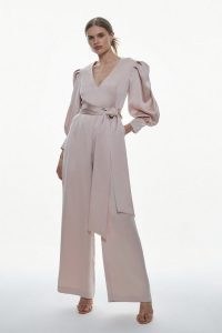 KAREN MILLEN Soft Satin Back Crepe Statement Sleeve Jumpsuit in Blush ~ balloon sleeved occasion jumpsuits ~ silky special event clothes