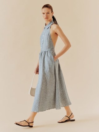 Reformation Tace Linen Dress in Slate Check ~ women’s collared halterneck summer dresses ~ womens chic checked fashion ~ halter neck holiday clothes ~ sleeveless fit and flare