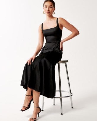 Abercrombie & Fitch Satin Slip Fishtail Midi Dress in Black ~ silky strapless flared hem evening dresses