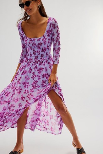 Free People It’s Fate Midi Dress Periwinkle Combo / floral scoop neck ruffle hem dresses / feminin boho fashion / bohemian style clothing