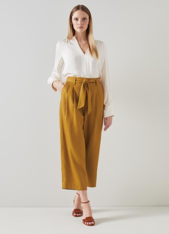 L.K. BENNETT Almeida Tan Tie Belt Cropped Trousers ~ chic brown crop hem trouser ~ women’s smart clothing