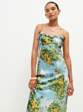 Reformation Aribella Silk Dress in Villa Livia / silky fruit print midi dresses / strappy occasion clothes / ruffled neckline / spaghetti shoulder strap evening fashion