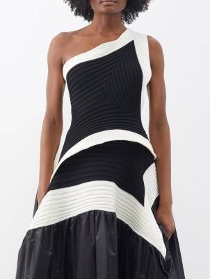 ISSEY MIYAKE Striped one-shoulder ribbed-knit top in black and white ~ monochrome asymmetric occasion tops