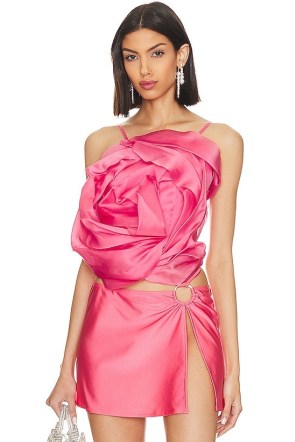 Cult Gaia Rosa Top in Rosado ~ pink taffeta oversized rosette detail tops ~ silk floral occasion fashion ~ strappy tie back detail ~ glamorous silky party clothes