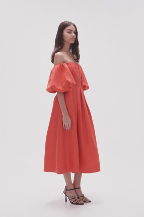 Aje. Eugenie Off Shoulder Midi Dress in Scarlet Red ~ puff sleeve fit and flare bardot dresses ~ front cut out detail occasion dresses with puffed sleeves