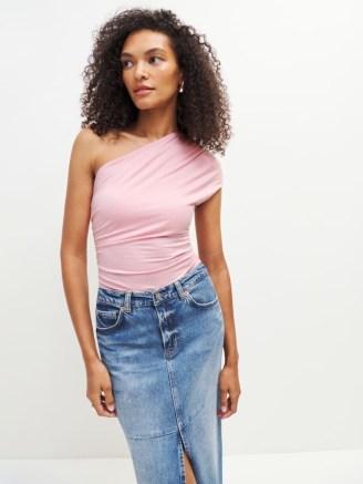 Reformation Francisco Knit Top in Babygirl ~ pink ruched one shoulder tops