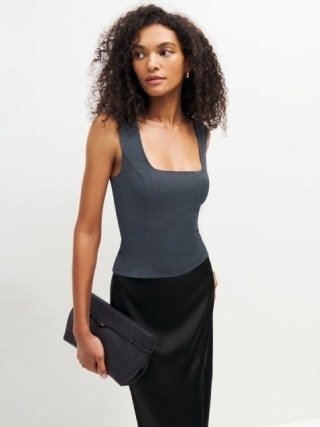 Reformation Gabby Top in Charcoal | dark grey sleeveless fitted bodice tops | smocked back detail | square neckline