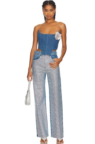 GIUSEPPE DI MORABITO Glitter Denim Jean Light Blue / front crystal embellished jeans / glittering fashion