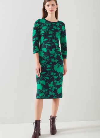 L.K. BENNETT Joni Navy And Green Cotton-Sustainably Sourced Merino Dress / fitted floral jumper dresses / knitted autumn clothing