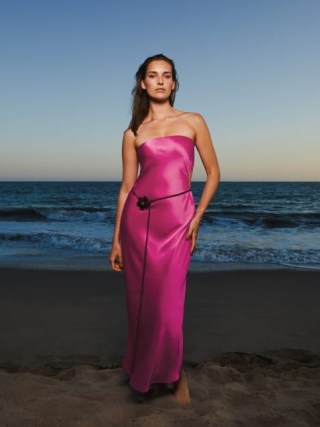 Reformation Nevaeh Dress in Flambe ~ strapless pink satin cut out dresses ~ silky bandeau neckline evening occasion clothes