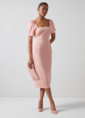 L.K. BENNETT Paige Pink Square Neck Dress ~ short puff sleeve pencil dresses ~ feminine occasion clothes ~ summer event clothing