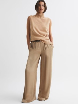 REISS GEM WIDE LEG ELASTICATED TROUSERS in CAMEL ~ women’s light brown trouser