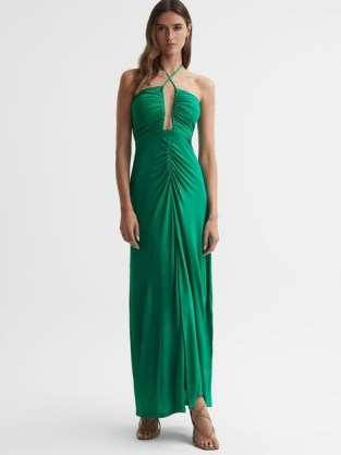 REISS LANA PLUNGE NECK HALTER MAXI DRESS ~ strappy halterneck evening gown ~ plunging ruched detail occasion dresses ~ glamorous event clothes