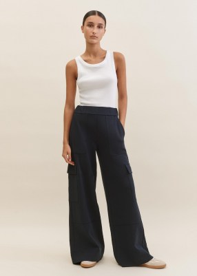 me and em Textured Ponte Wide-Leg Cargo Trouser in Navy – women’s chic pocket detail trousers