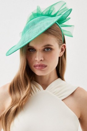 KAREN MILLEN Tulle Detail Large Disc Fascinator in Green ~ wide sculputal summer event fascinators ~ feminine occasion accessories