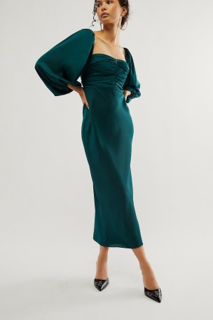 Shona Joy Luxe Ruched Bodice Long Sleeve Dress in Emerald ~ chic green balloon sleeve pencil dresses ~ elegant occasion fashion ~ square neckline evening clothes ~ women’s sustainable recycle fabric event clothing