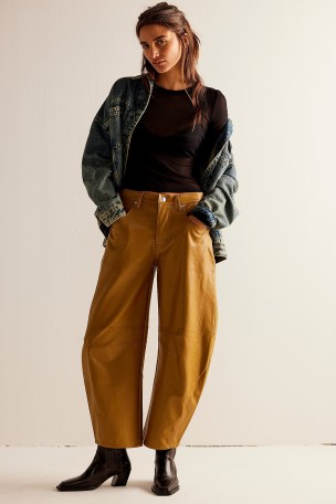 We The Free Lucky You Mid-Rise Vegan Barrel Jeans in Tiger Eye – women’s faux leather trousers – womens tapered leg pants