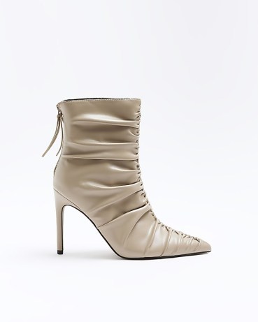 RIVER ISLAND BEIGE RUCHED HEELED ANKLE BOOTS ~ women’s gathered detail boot ~ stiletto heel ~ pointed toe