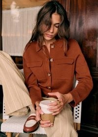 Sezane BETTY CARDIGAN in Hazelnut ~ women’s brown collared utility style cardigans ~ womens RWS certified merino wool knitwear