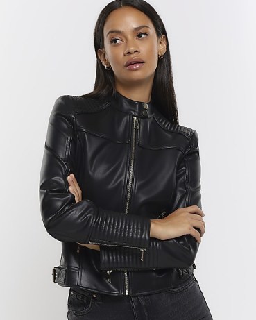 RIVER ISLAND BLACK FAUX LEATHER BIKER JACKET – women’s on-trend zip and buckle detail moto style jackets