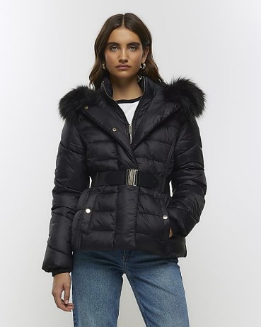 RIVER ISLAND BLACK HOODED PUFFER JACKET ~ padded faux fur trim winter jackets