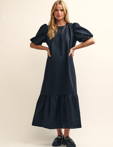 nobody’s child Black Sarah Smock Midi Dress | organic cotton puff sleeve tiered hem dresses | on-trend oversized clothing | relaxed fit fashion