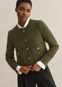 ME and EM Bracelet Sleeve Boucle Crop Jacket in Autumn Olive ~ women’s green cropped collarless jackets