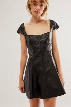 Free People Mimi Vegan Leather Mini Dress in Black – cap sleeve fit and flare dresses – cut out back detail fashion