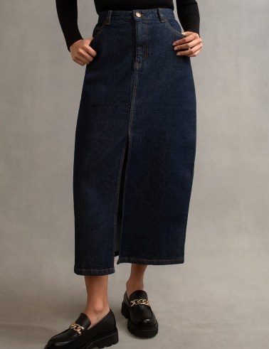 nobody’s child Dark Denim Front Slit Midi Skirt | indigo blue split hem column skirts | organic cotton fashion