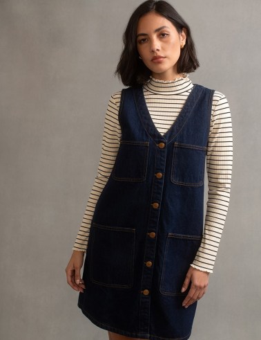 nobody’s child Dark Denim Pinafore Kacey Mini Dress | women’s indigo blue organic cotton pinafores | sleeveless V-neck front button up dresses | patch pockets