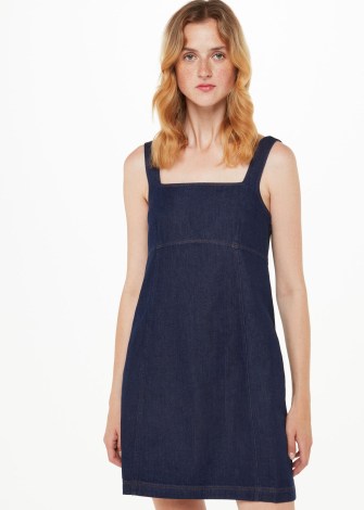 WHISTLES DENIM PINAFORE DRESS | womens dark blue pinafores | casual sleeveless square neck dresses