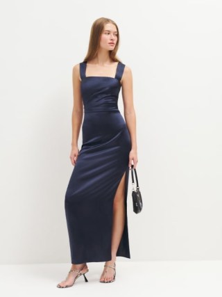 Reformation Earl Silk Dress in Navy / silky dark blue maxi dresses / ruched fitted bodice / feminine occasion clothes / evening event fashion / wide shoulder straps