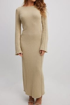 NA-KD Fine Knitted Maxi Dress in Beige | long sleeve boatneck dresses | minimalist fashion