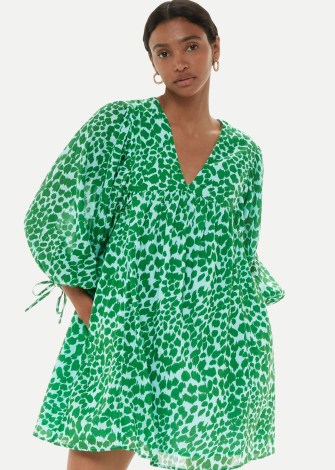 WHISTLES SMOOTH LEOPARD TRAPEZE DRESS in GREEN / MULTI | women’s oversized balloon sleeve dresses / feminine animal print clothing