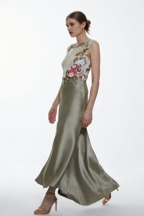 KAREN MILLEN Guipure Lace Satin Maxi Dress in Sage ~ green silky fluid occasion dresses ~ floral evening event clothing