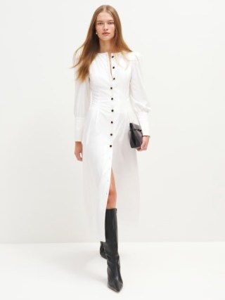 Reformation Halia Dress in White ~ chic clothing ~ collarless organic cotton shirt dresses