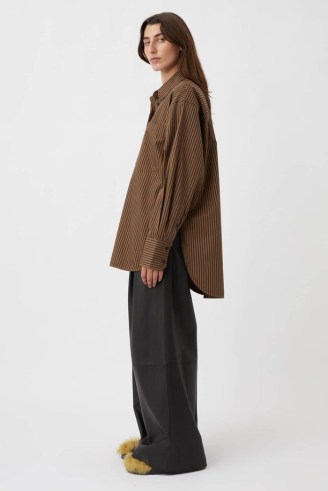 CAMILLA AND MARC Iris Cotton Oversized Shirt in Charcoal Tan Stripe – women’s brown striped relaxed fit shirts – curved dip hemline