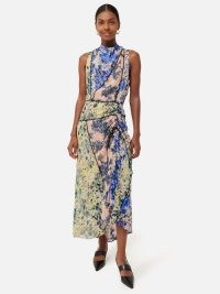 JIGSAW Ikat Posy Metallic Maxi Dress in Multi – sleeveless mixed floral print occasion dresses – luxe asymmetric evening clothes – ruched detail special event clothing