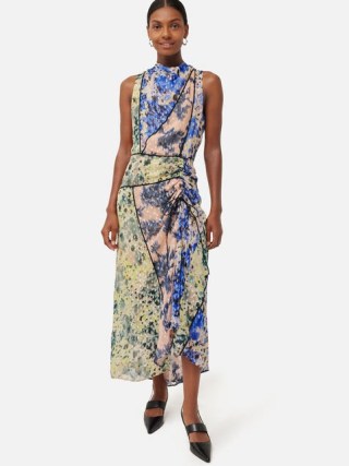 JIGSAW Ikat Posy Metallic Maxi Dress in Multi – sleeveless mixed floral print occasion dresses – luxe asymmetric evening clothes – ruched detail special event clothing