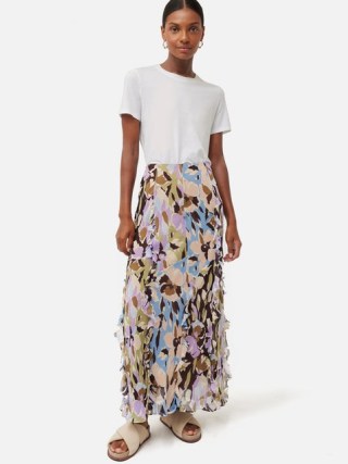 JIGSAW Graphic Pansy Crinkle Skirt in Lilac – floral ruffle trim maxi skirts