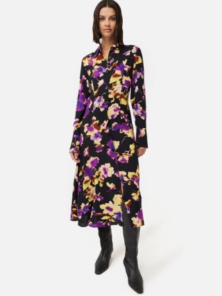 JIGSAW Haze Floral Crepe Dress in Purple – collared shirt style dresses with asymmetric button closure