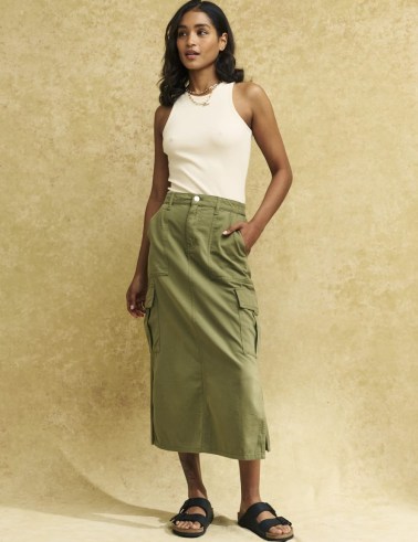 nobody’s child Khaki Green Utility Cargo Midi Skirt | women’s side pocket organic cotton twill skirts | womens utilitarian fashion