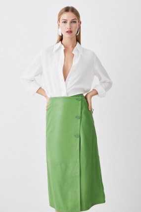 KAREN MILLEN Leather Button Wrap Midaxi Skirt in Bright Green | luxe skirts