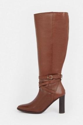 KAREN MILLEN Leather Heeled Buckle Detail Knee High Boot in Tan ~ women’s brown leather strap detail autumn boots