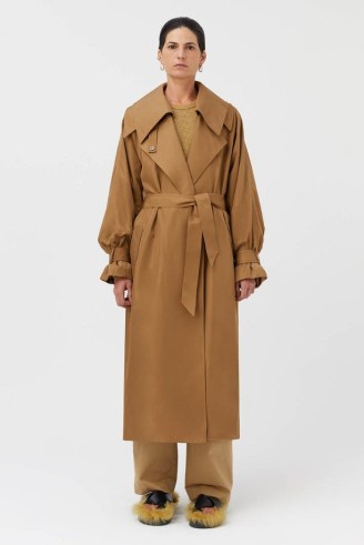 CAMILLA AND MARC Leon Trench Coat in Sahara Brown – women’s longline recycled fabric autumn coats – womens sustainable outerwear