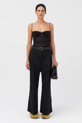 CAMILLA AND MARC Majorelle Mesh Bodysuit in Black – fitted sheer spaghetti strap bodysuits – gathered bust detail – strappy see-through clothing