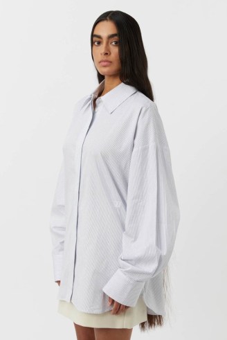 CAMILLA AND MARC Mathilde Stripe Cotton Shirt in White and Blue Stripe – women’s striped relaxed oversized fit curved hem shirts