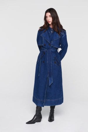 ALIGNE JAMISON DENIM TRENCH COAT in Mid Wash | women’s longline blue belted tie waist coats