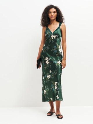 Reformation Neola Silk Dress in Portia / green floral slip dresses / silky evening occasion clothing