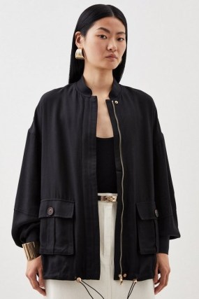 KAREN MILLEN Premium Utility Linen Oversized Bomber Jacket in Black – women’s utilitarian outerwear